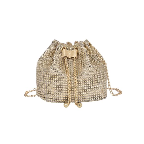 Pearl Decor Drawstring Crossbody Bag Chain Mini Bucket Handbags Gold o_o - Picture 1 of 7